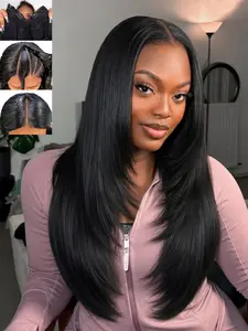 Glueless U Part Layered Straight Wig, Light Yaki Heat Resistant, Long Synthetic Half Wig, Clip in Hair, 24inch, Daily Use, Straight Synthetic Wigs