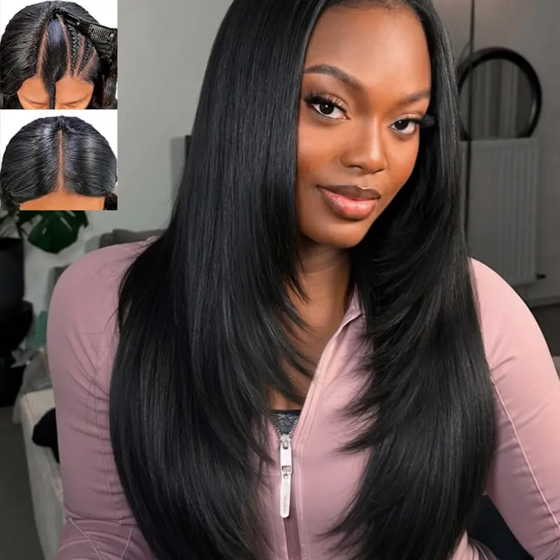 Glueless U Part Layered Straight Wig, Light Yaki Heat Resistant, Long Synthetic Half Wig, Clip in Hair, 24inch, Daily Use