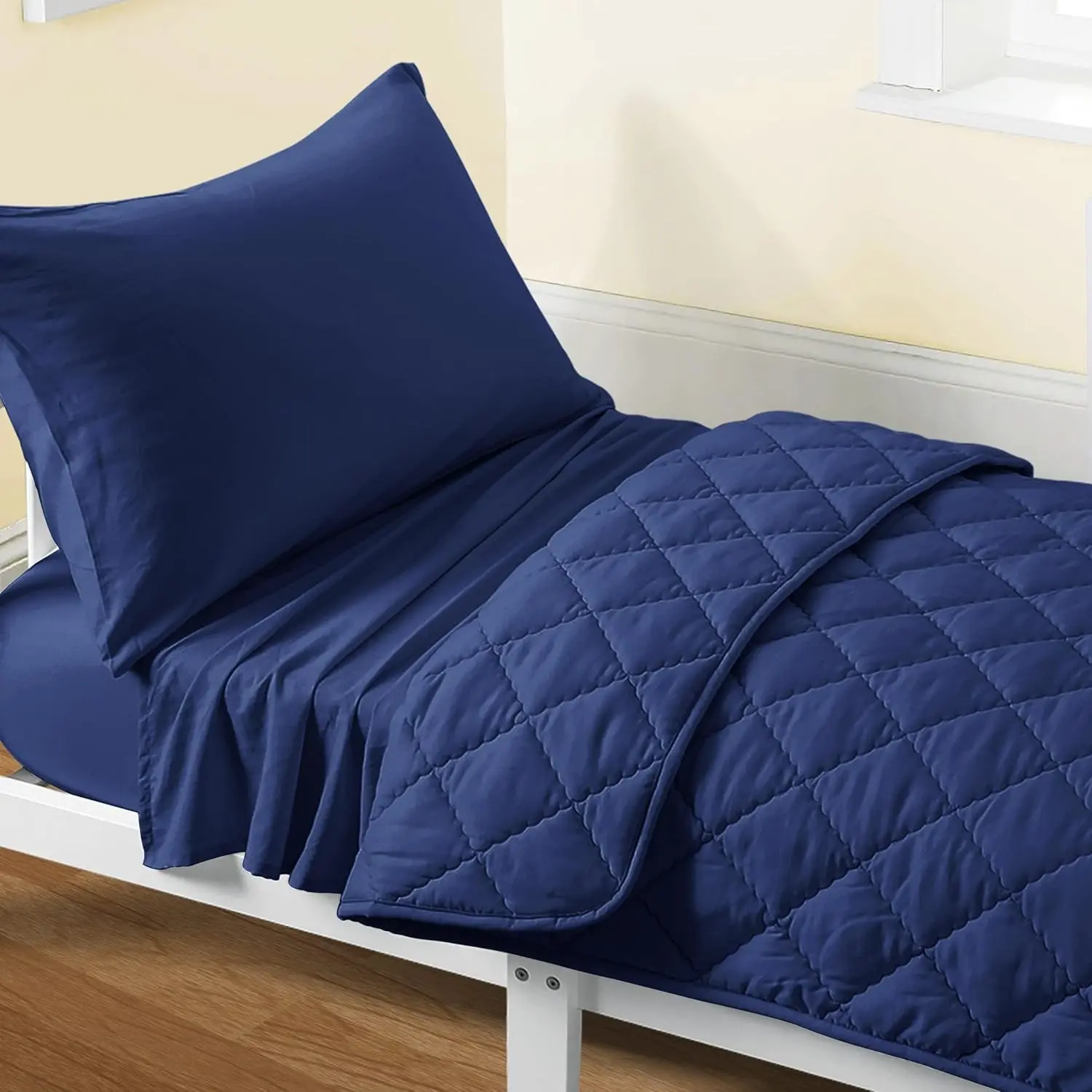 Toddler Bedding Set - 4 Piece Microfiber Crib Sheet Set, Crib Bedding Set Includes Quilted Comforter, Flat Top Sheet, Fitted Sheet, Envelope Pillow Case for Boys and Girls, Navy Blue