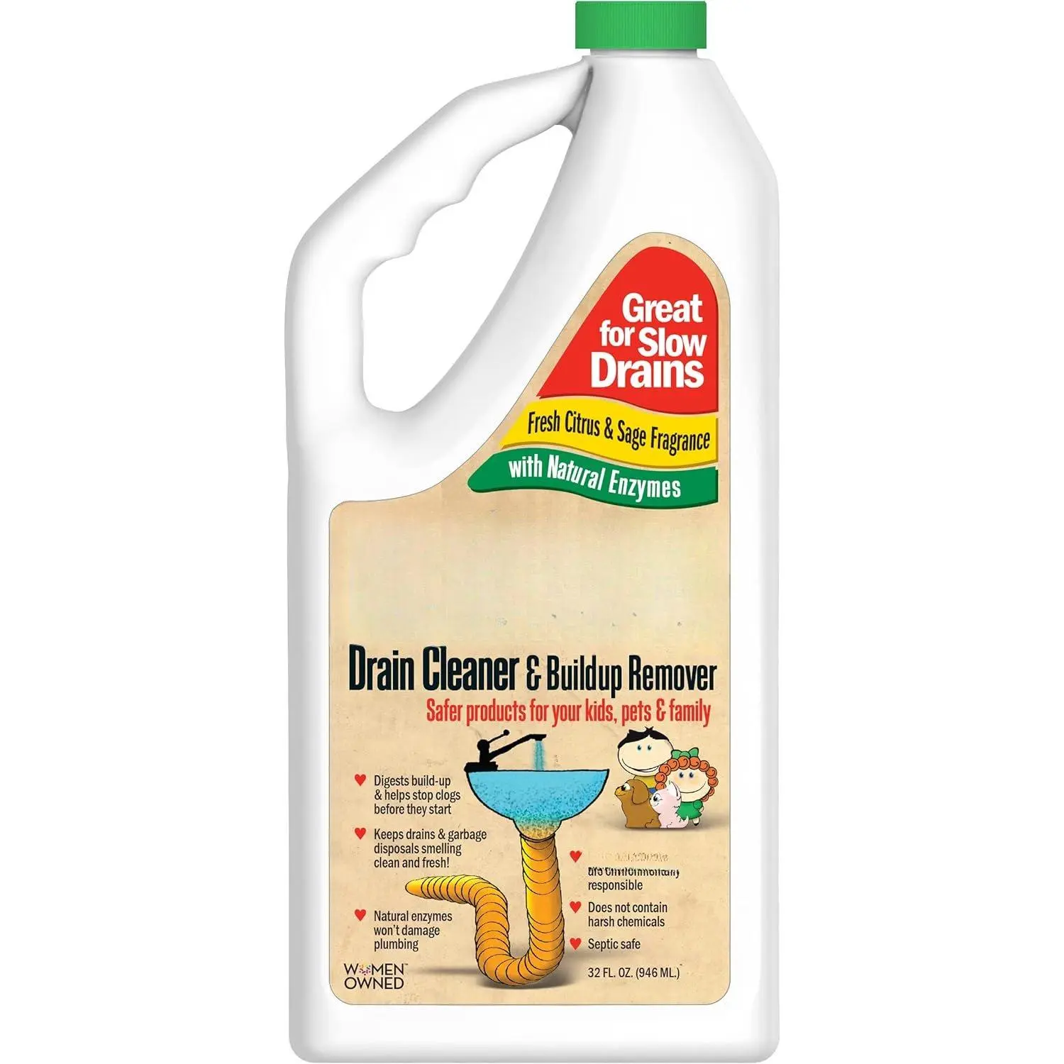 Drain Cleaner - Clog Remover - Drain Opener/Deodorizer -  Enzymes,  for Families, Environmentally Responsible - 32 fl oz