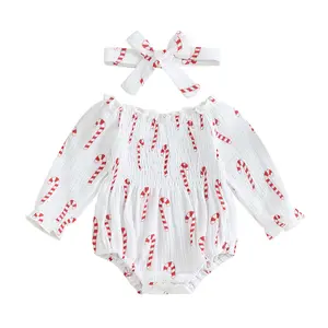 Meihuida Newborn Baby Girl Christmas Outfit Long Sleeve Smocked Romper Candy Cane Print Puff Sleeve My First Christmas Baby Grow Clothes