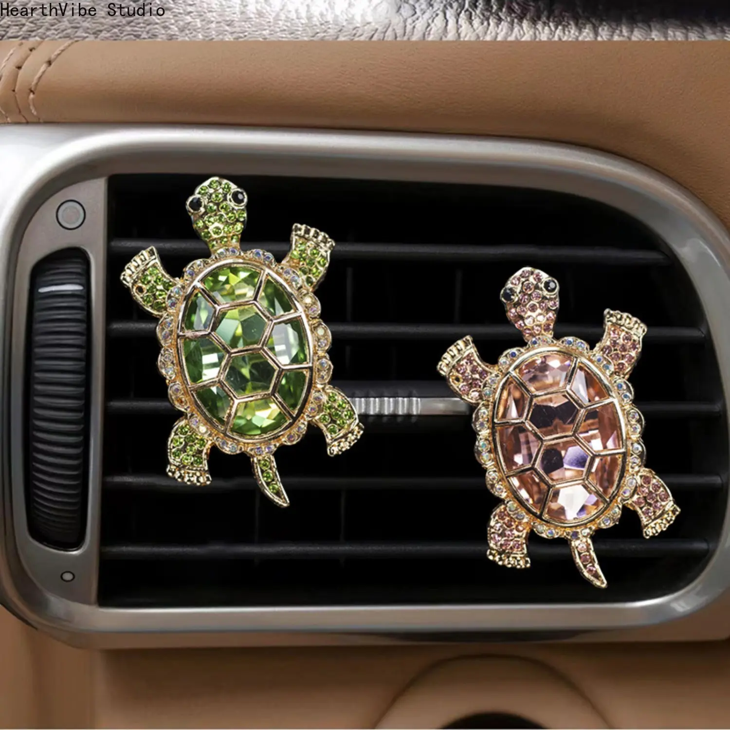 【SummerWins】Bling Turtle Car Air Freshener Vent Clip Crystal Diamond Diffuser Cute Animal Automobile Interior Decor 2PCS Rhinestone Auto Conditioning Outlet Fragrance Charm