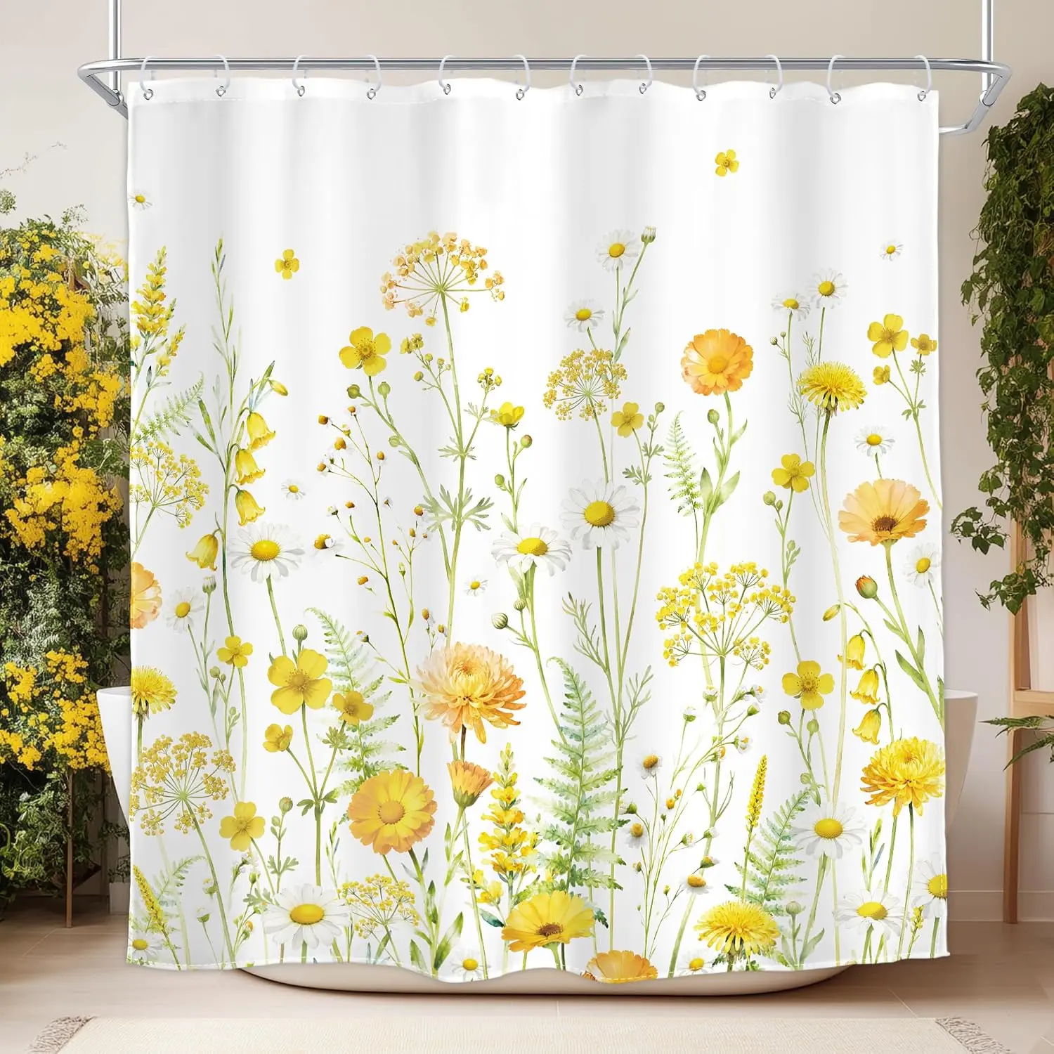 Floral Shower Curtain Yellow Blooming Daisy 72Wx72H Inch Decor