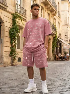 Futuristic Techwear Style, Soft Stretch Breathable Space Circuit Allover Print Men’s Tee Shorts Set for Young Adults 18-35, Gaming & City Daily Outfit, Viral Popular Casual Matching Tracksuit
