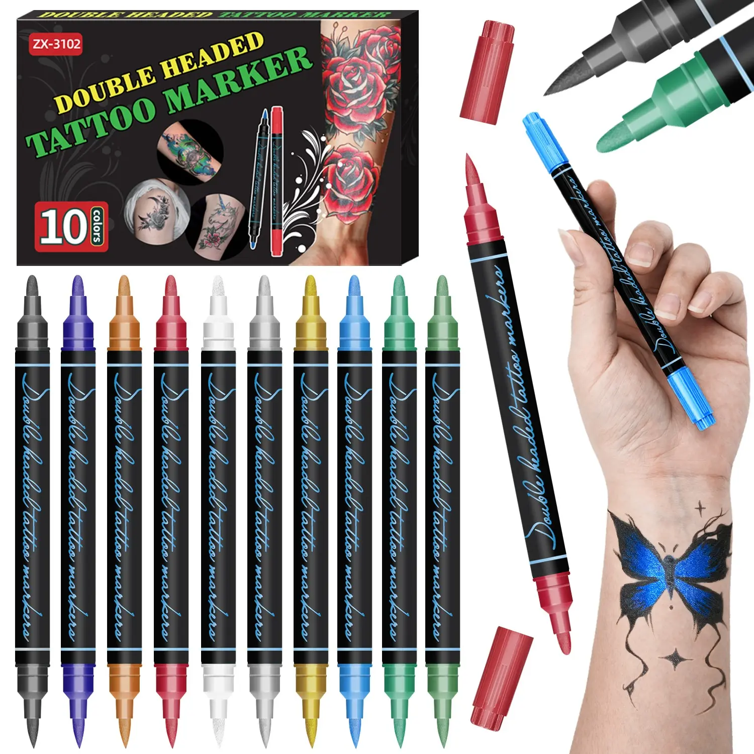 10 Color/30 Color Dual-Ended Temporary Tattoo Pen for Tattoo Artistry, DIY Nail Art Brush, Soft Tip Metal Color Skin Marker, Ideal for Cosplay Parties