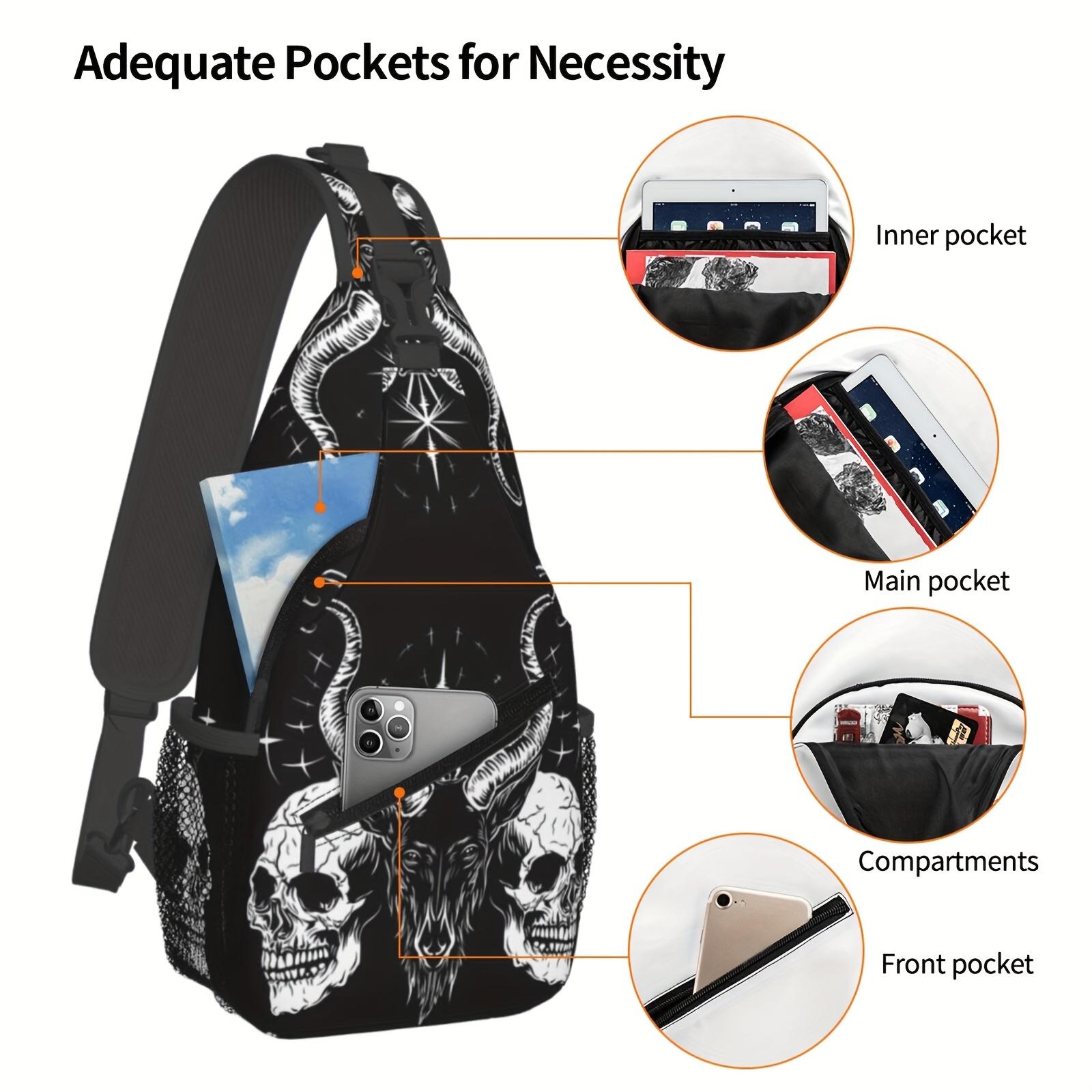 Fashionable And Durable Crossbody Chest Bag Featuring a Baphomet Design with Two Skulls, Perfect for Hiking, Shopping, Leisure Travel, Or As a Beach Bag. This Large-Capacity Backpack Is Also Suitable for Fishing And Makes a Great Accessory for Hallo