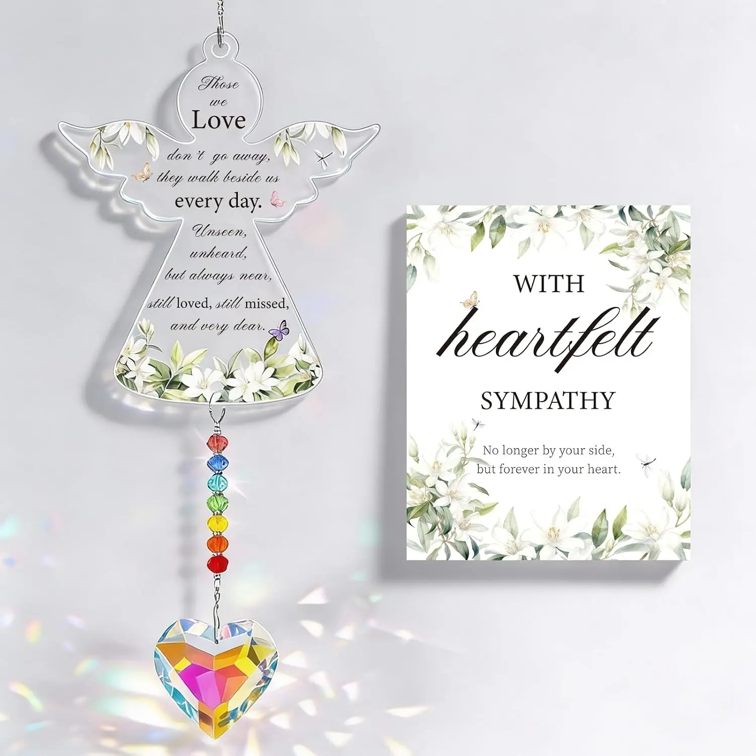 Memorial  for Loss of Loved  with Card,  Suncatcher Bereavement Sympathy   Heart Rainbow Prisms Angel Condolence Ornament for Window  Decor