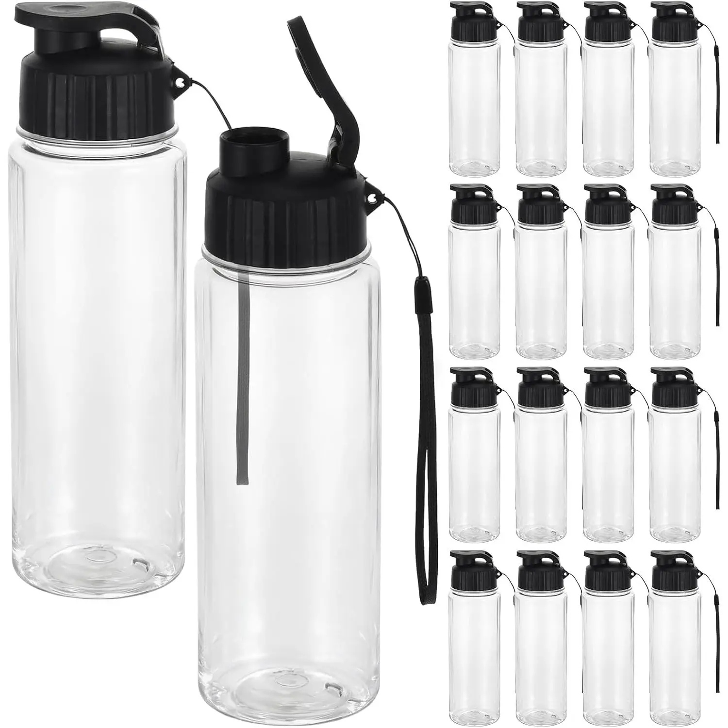 16 Pack Plastic Water Bottles Bulk 17oz Reusable Sports Water Bottles Lightweight Leakproof Drinking Cups with Flip-Top Lid & Carry Strap for Adults Gym Fitness Sports (Black)