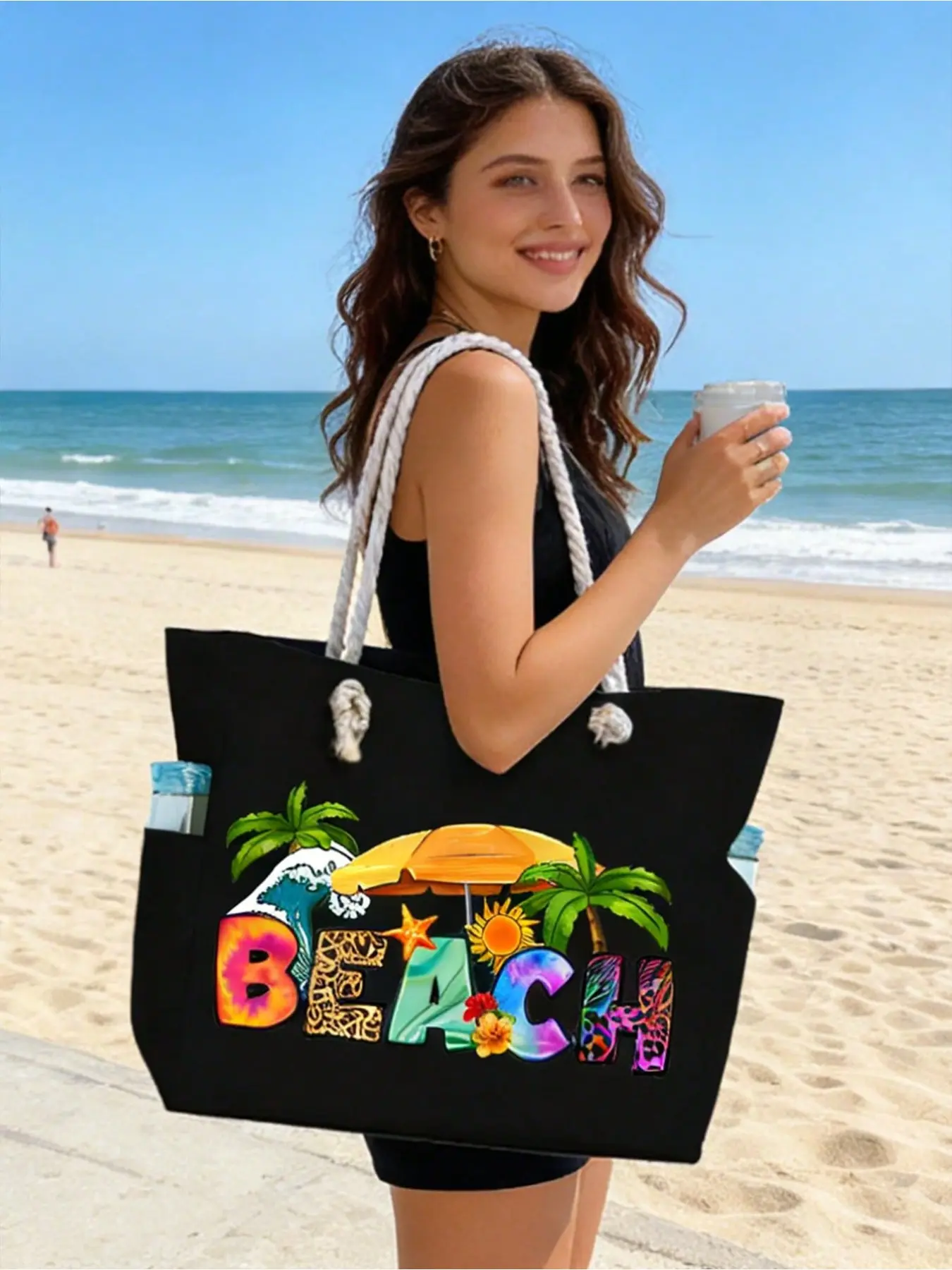 Ocean and Beach Pattern Handbag Set, Large Capacity Tote Bag and Small Pouch, Durable Reusable Shopping Bag, Travel, Work, Gym, Daily Use