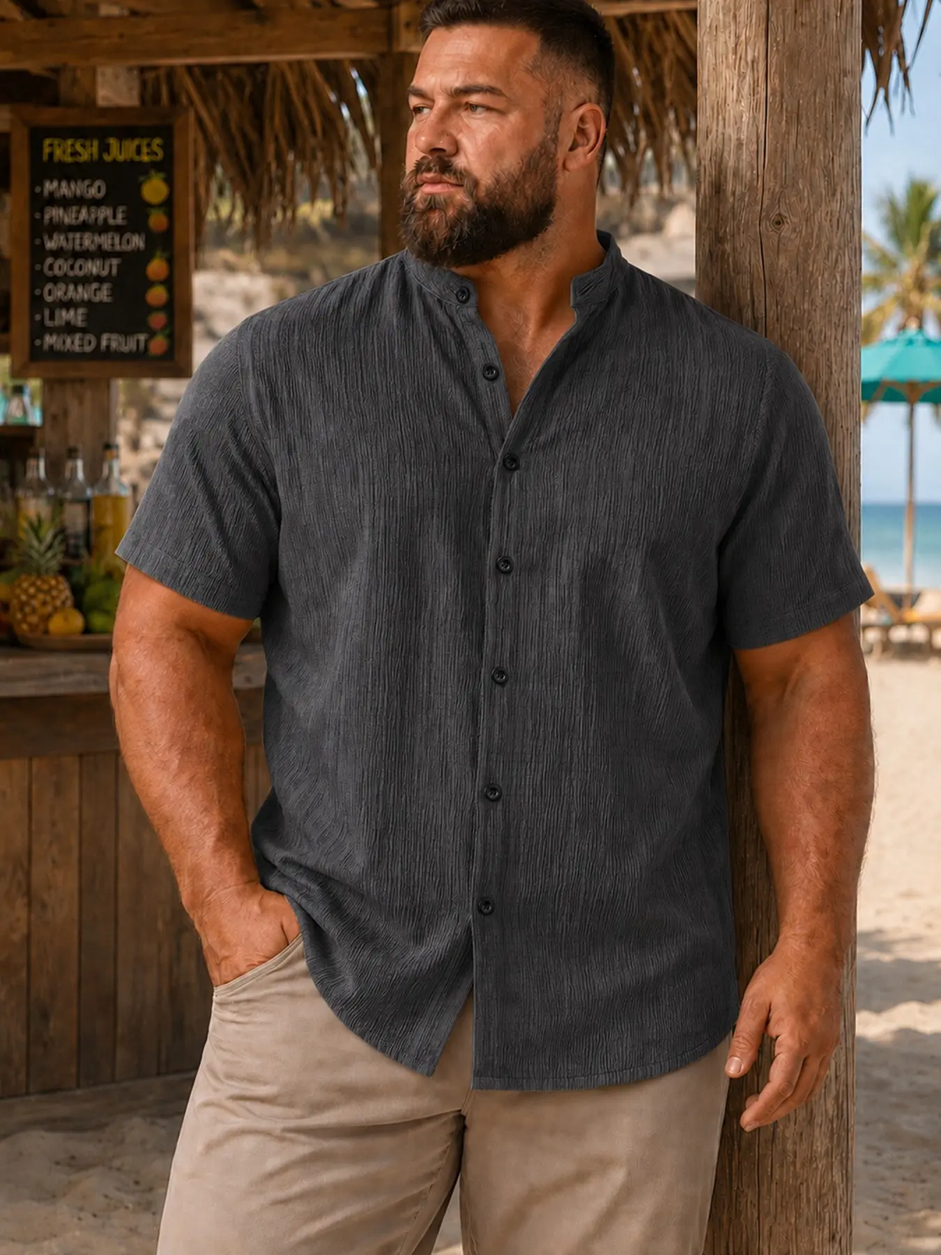 Plus Size Men's Summer Short Sleeve Shirt, 2xl-6xl, Lightweight Breathable Solid Collar Button Shirt, Casual Beach Vacation Wear