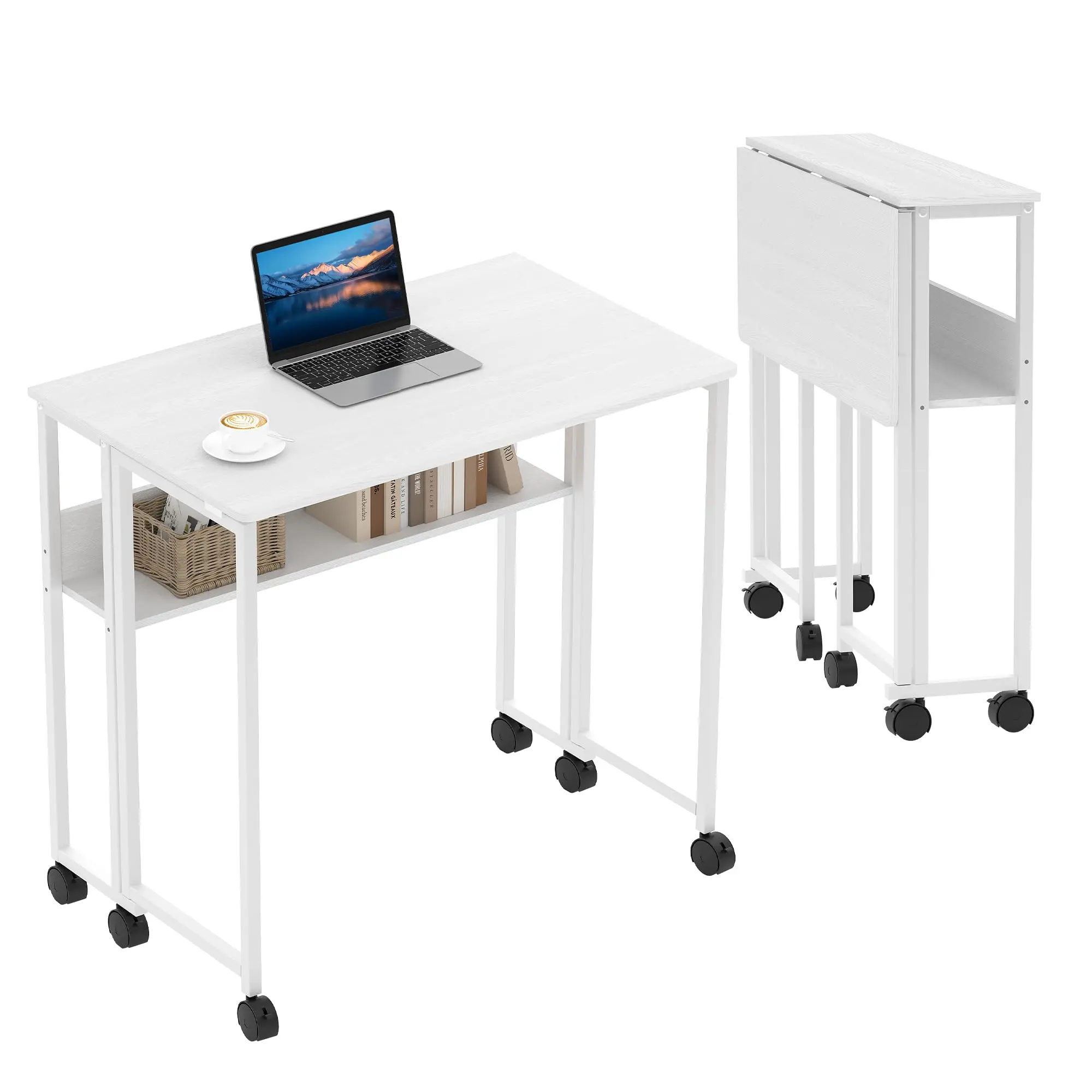 Space-Saving White Folding Computer Desk, 31.5" Rolling Writing Table with Storage Shelf & Moving Wheels, Easy Assembly Compact Workstation for Home Office, Study & Small Spaces