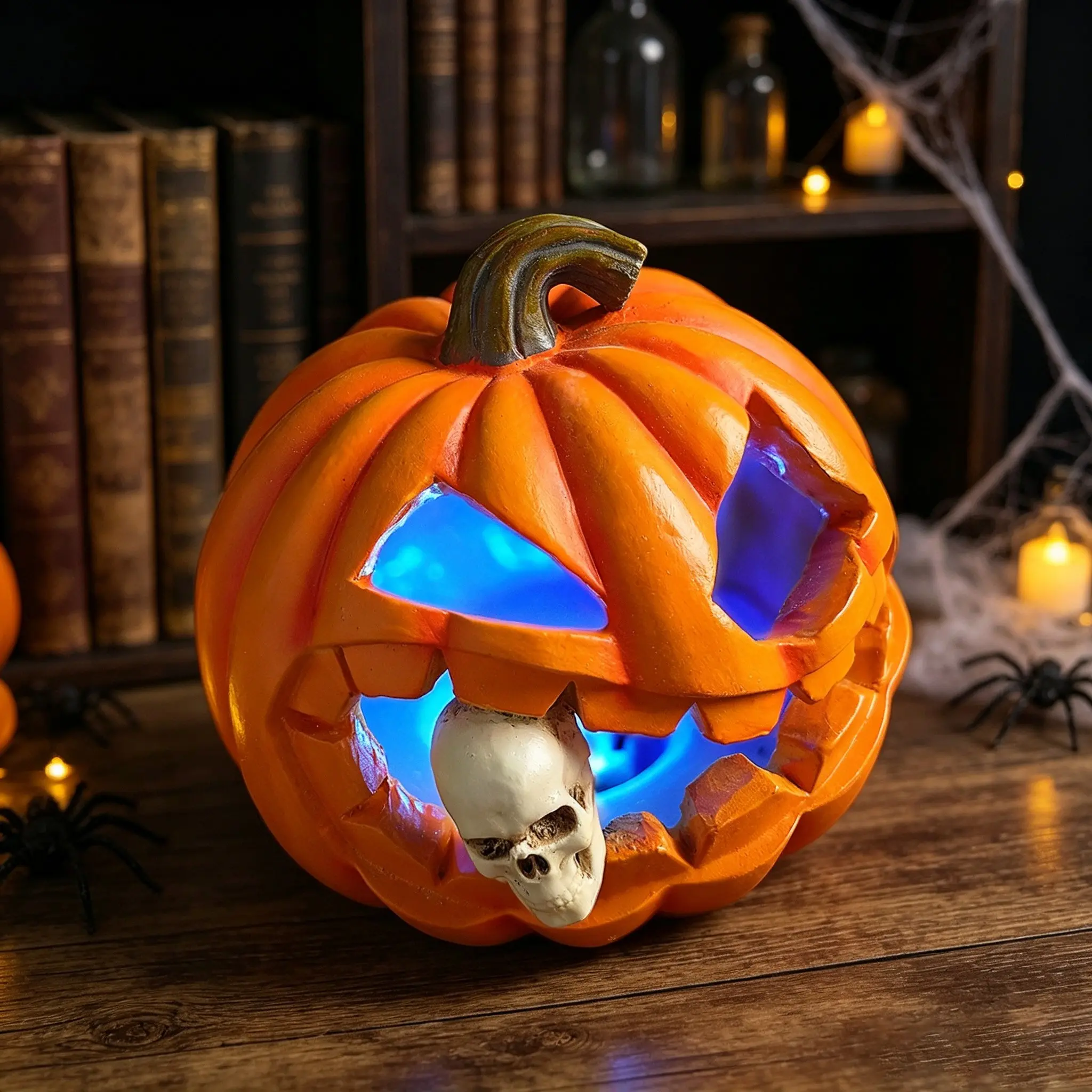 Halloween Skull Pumpkin with Lights, Resin Ghost Statue for Indoor Table Decor, Halloween Party, Party Decorations and Home Autumn Decoration Centerpiece