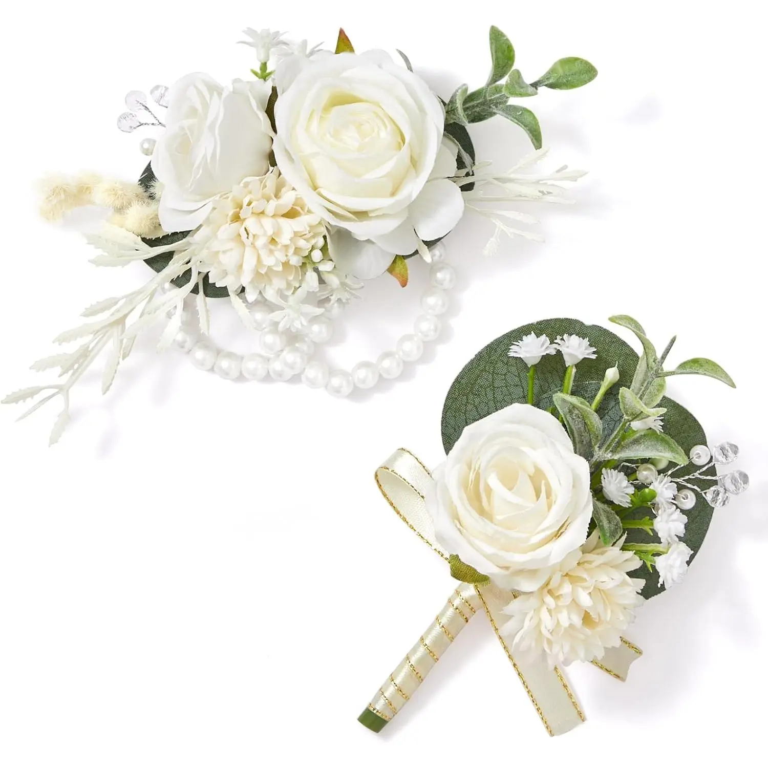 White Rose Corsage and Boutonniere Set, Boutonniere for Men and Wrist Corsage Wristlet Prom Homecoming Wedding Flowers Accessories Party Suit Decorations