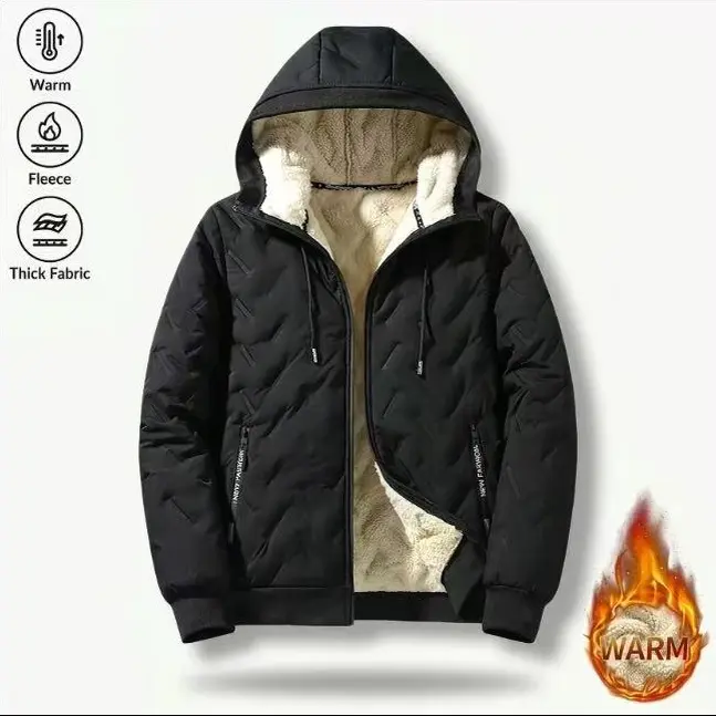 Men's Casual Plain Winter Jacket - Warm Fleece-Lined, Regular-Fit Polyester Pull-On Coat for Cold Weather Outdoor Wear Hooded jacket, zipper jacket