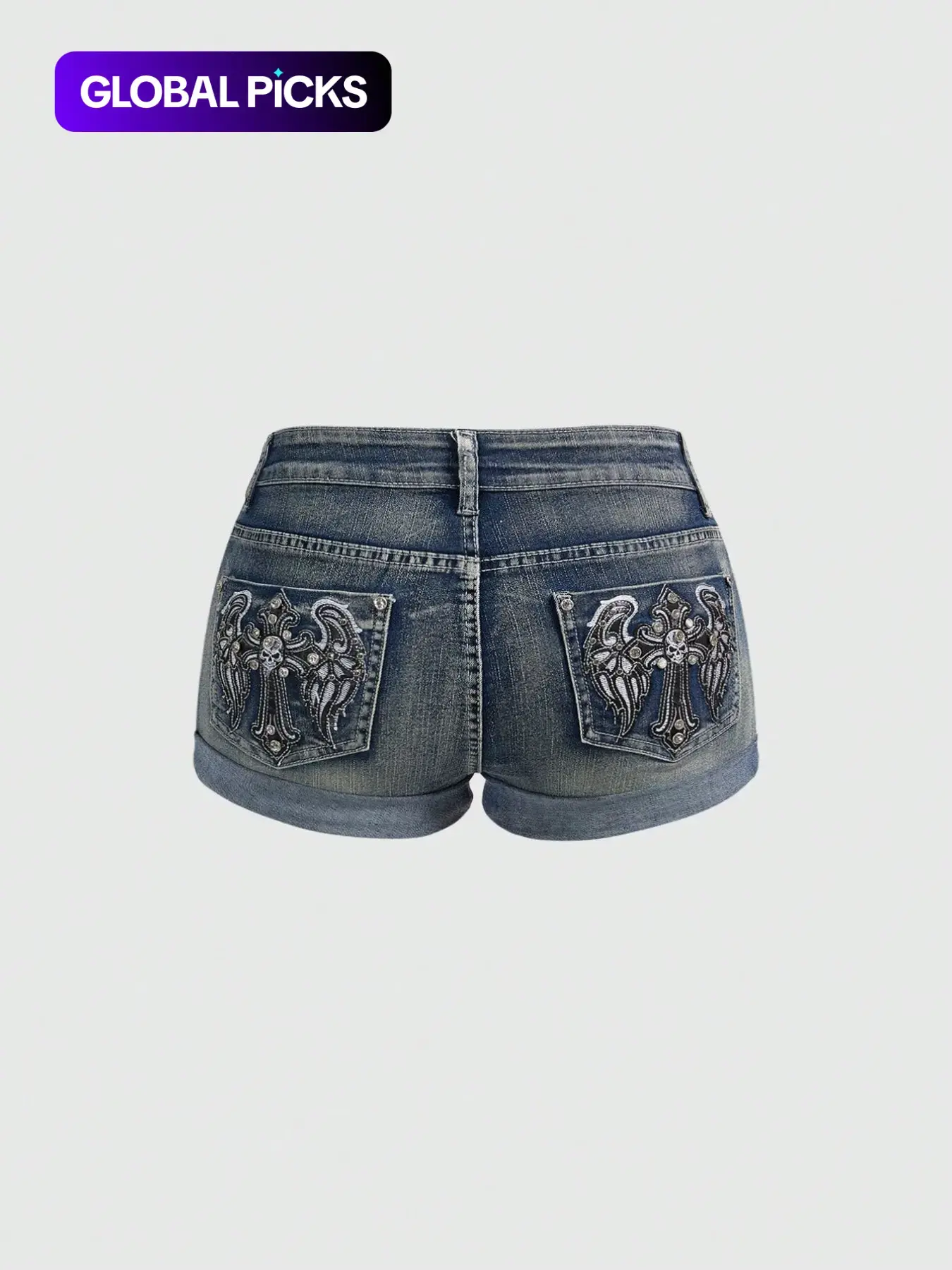 Women's Punk Y2K Retro Denim Shorts, Cross Wing Embroidery & Rhinestone Slim-Fit Jean Shorts, Casual Streetwear Womenswear