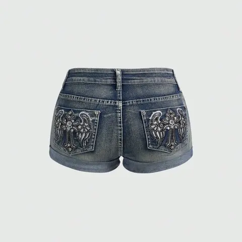 Women's Punk Y2K Retro, Cross Wing Embroidery & Rhinestone Slim-Fit Jean Shorts, Casual Fitted Shorts, Casual Streetwear Womenswear #GLOBAL PICKS