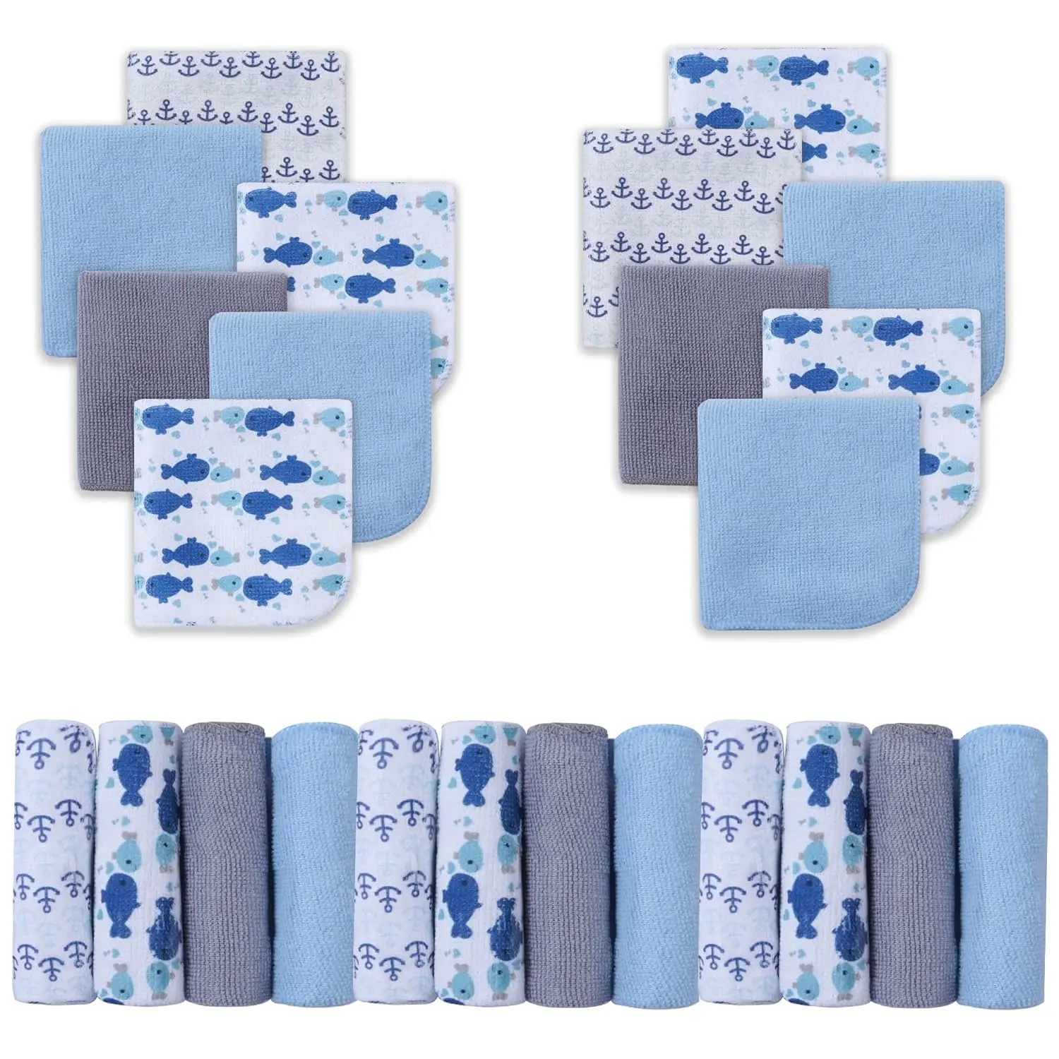 Baby Washcloths, Super Soft Baby Bath Towels  Newborn 24 Pack, Absorbent Face & Body Wash Cloth  Baby Boy, Blue-Whale Pattern, 9 x 9 inch