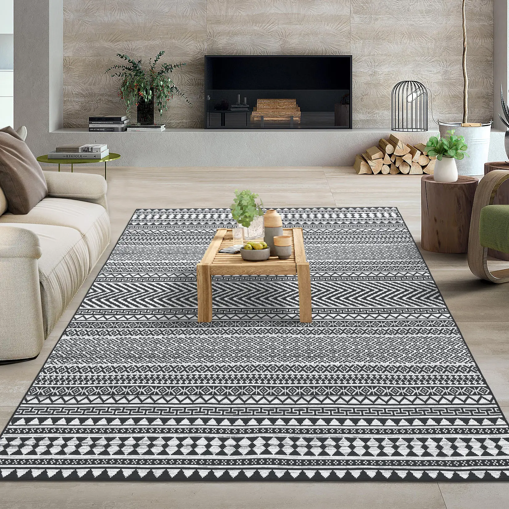 Distressed Modern Striped Area Rug, Low-Pile Soft Non-Shedding Floor Mat, Non-Slip Machine Washable Decorative Rug for Bedroom, Living Room, Dining Room, Playroom & Kids Room