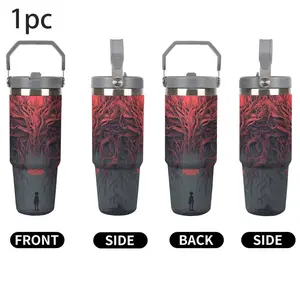 1pc 30oz Stranger Things Upside Down Red Demogorgon Root Silhouette Stainless Steel Tumbler with Foldable Carry Handle & Straw Flip Lid, Double Wall Vacuum Insulated Thermal Travel Mug, Leakproof Portable Cup, Long Heat & Cold Retention, Horror TV Series