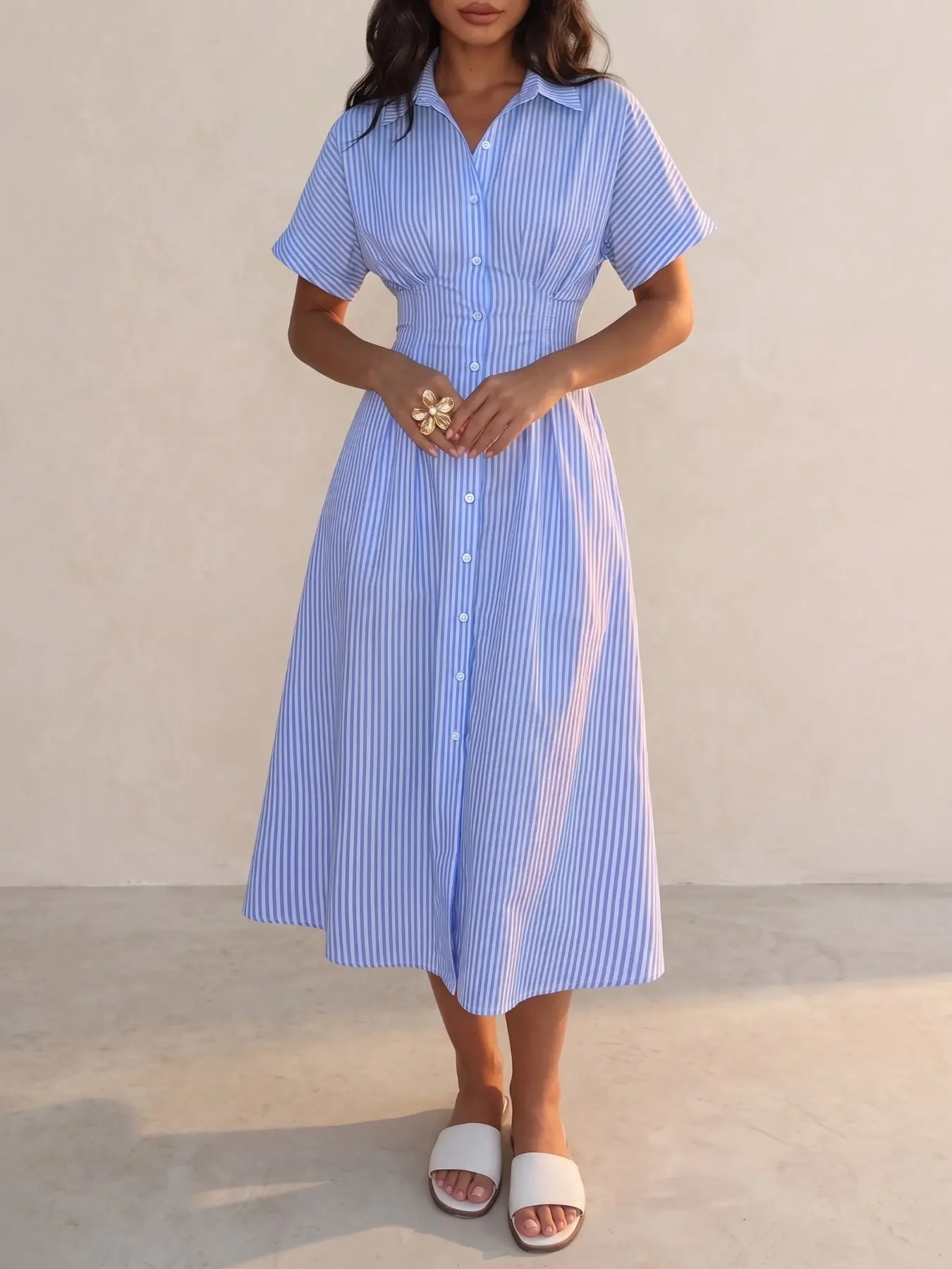 Blue Striped Shirt Dress Women Midi Button Front Waist Slim Fit A Line Summer Casual Elegant Vacation Resort Dress Lightweight Breathable Soft Fabric