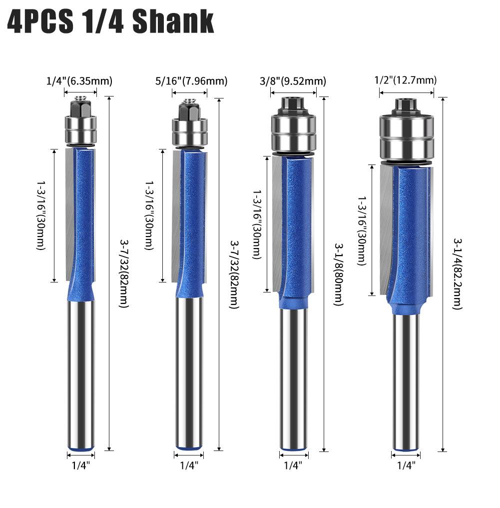 4PCS Flush Trim Router Bit Set 1/4 Inch Shank Top Bearing Flush Trim Router Bit