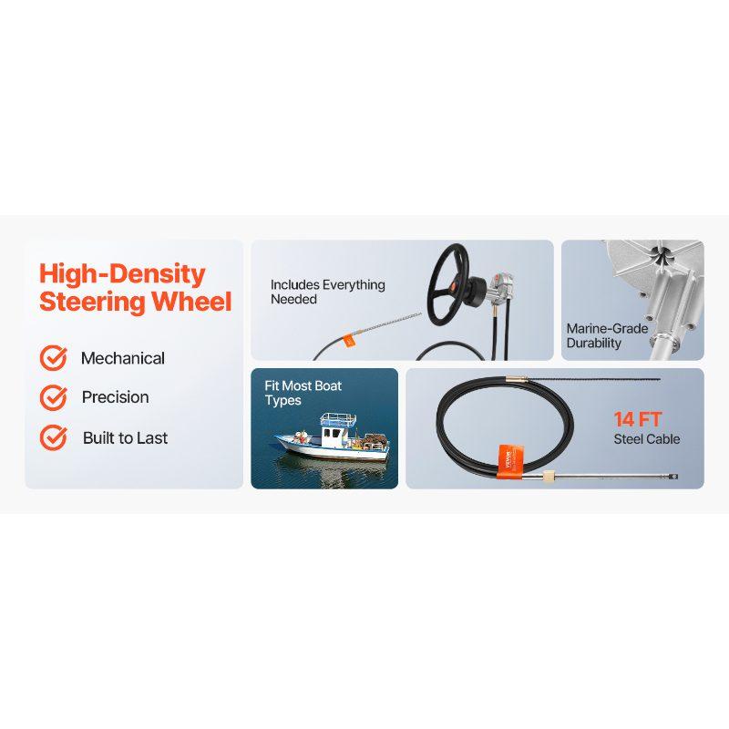 VEVOR Outboard Steering System 14' Outboard Steering Kit 14 Feet Boat Steering Cable with 13 Wheel Durable Marine