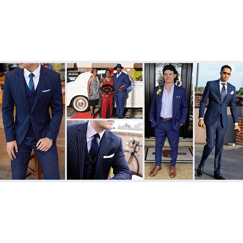 Men's Suit - 2pcs Navy Blue Pinstripe Blazer & Pants Formal Casual Wear for Weddings Business Meetings Menswear Gamis Polyester Lengthened Lengthy