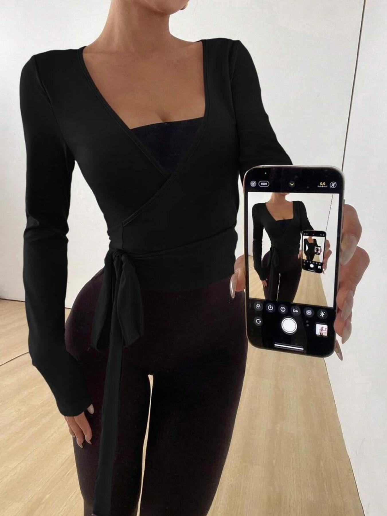 Women's Spring Summer Knitted Plain Elastic Soft Front Tie V Neck Bodycon Long Sleeve Short Tight T-Shirt, Casual Fashion All Seasons Top, Basic