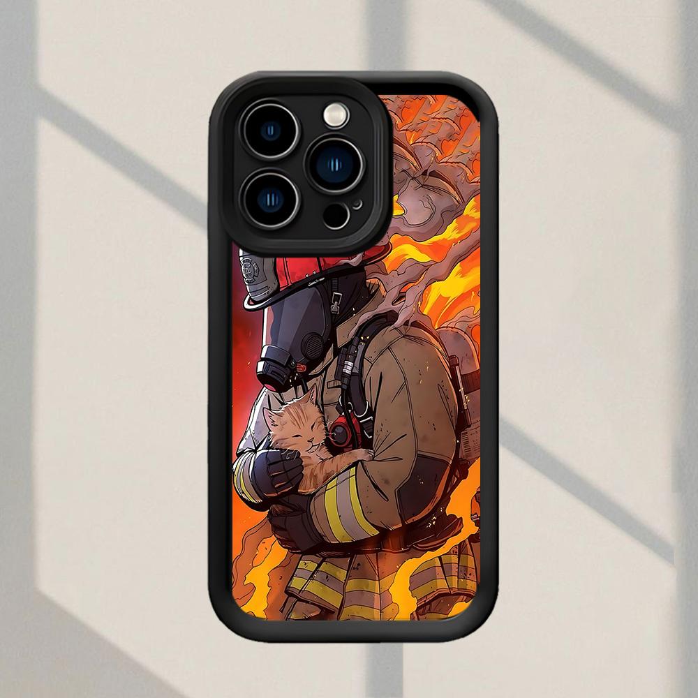 Phone case: Firefighters And Kittens Pattern Fashionable and Popular Shock-Proof Anti-Fingerprint Full Coverage Thick Protective Phone Soft Case Compatible with iPhone 17 E Air Pro ProMax iPhone16 15 14 Plus 13 12 Mini 11 X XS XR