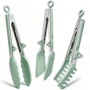 Kitchen Tongs for Cooking, 9 Inch Small Silicone Tongs, Food Grade Mini Serving Tongs with Silicone Tips, Set of 3, Green