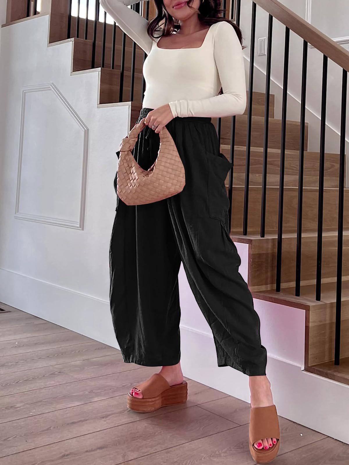 Women's Elastic Waist Pleated High Waist Wide Leg Pants Loose Casual Linen Cotton Long Trousers Breathable Summer Beach Outfit