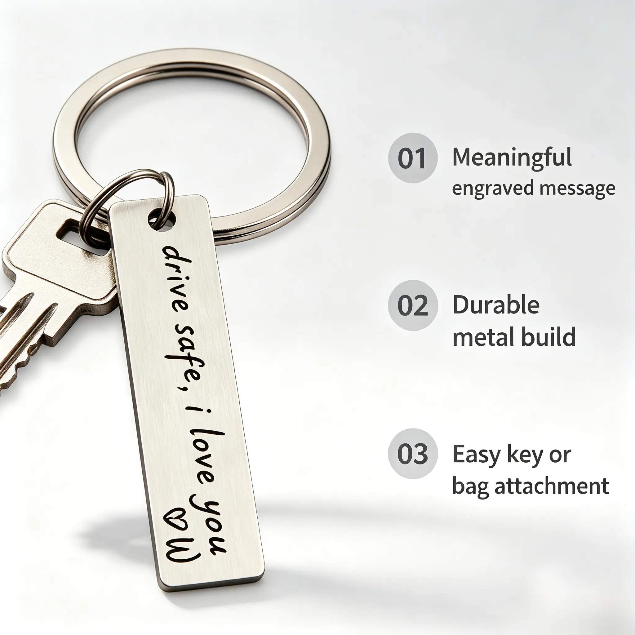 Stainless Steel Letter Keychain, Rectangular Engraved Tag Key Ring, Custom Initial Laser Engraving, Sweet Drive Safe Gift Key Fob for Couples & Drivers