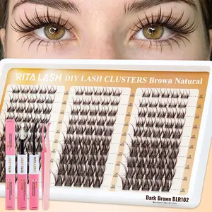 RITALASH 150PCS BLR102 Kit Dark Brown Lash Clusters, Natural Wispy Eyelash Clusters D Curly Lashes Cluster 10-16mm Cluster Eyelash Extensions Individual Lashes Kit with Bond&Seal and Tweezers for DIY