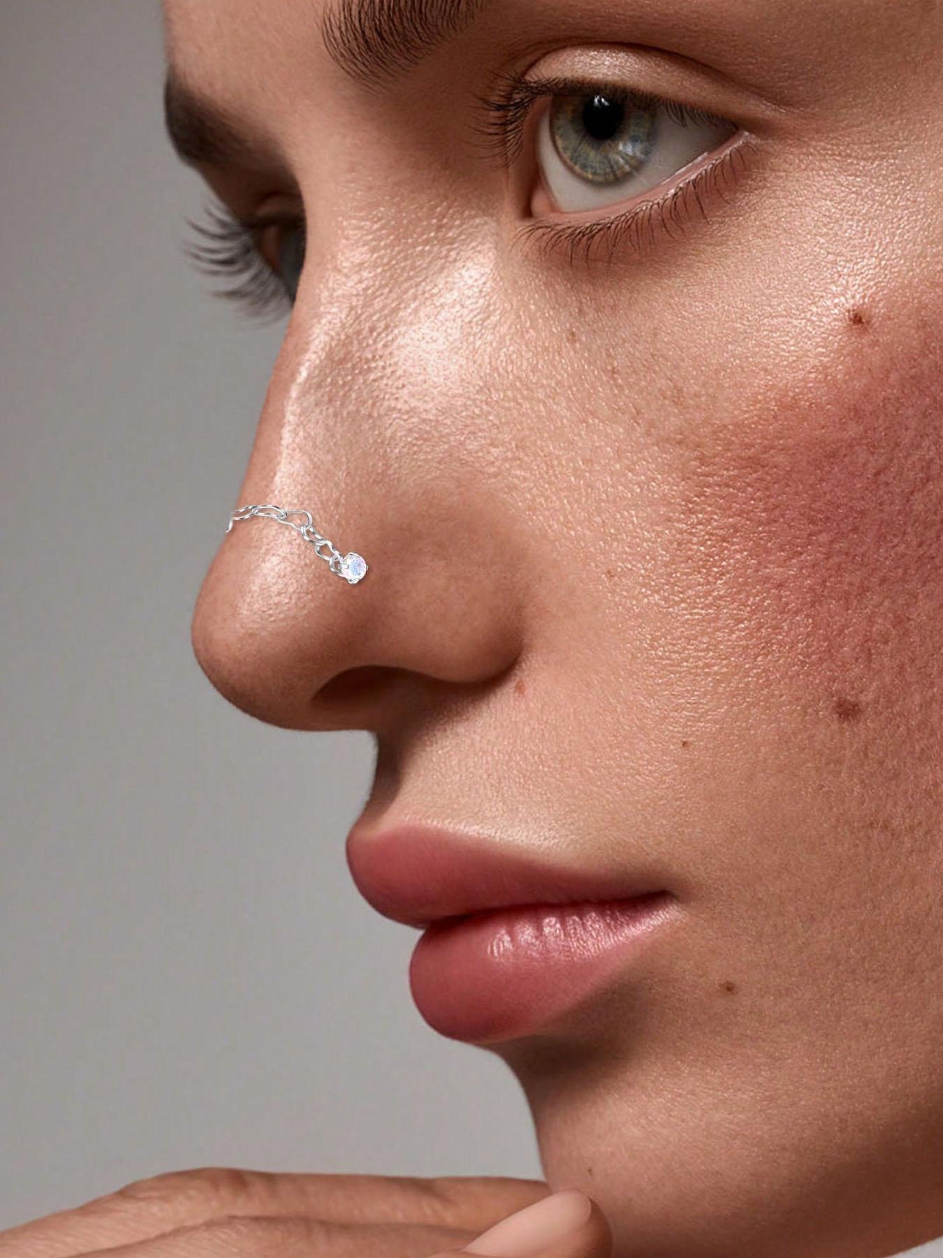 Fashion Stainless Steel Nose Ring with Chain, Cubic Zirconia Heart Design, Synthetic Zircon L-Shaped Piercing Jewelry