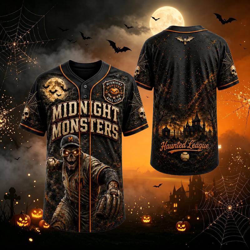 Zombie Baseball Player Halloween Professional Sports Button-Up Jersey - Midnight Monsters Haunted League Baseball Wear, Breathable Elasticity Blend Fabric, Gentle Wash, Multi-Size Spooky Season Shirt #HalloweenJersey #ZombieGraphic