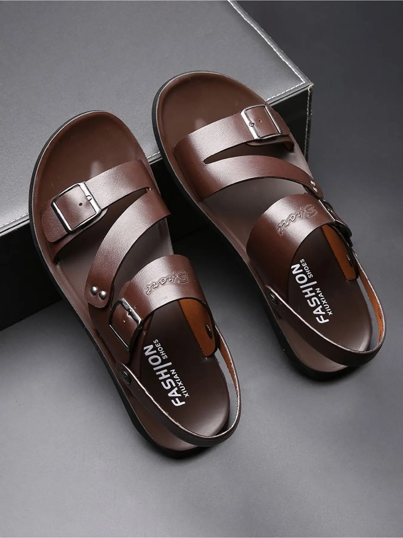 Luxury Casual Leather-Texture Sandals for Men, Adjustable Metal Buckles Convertible Heel Strap, Non-Slip Wear-Resistant Sole High-End Summer Footwear for Business & Daily Use