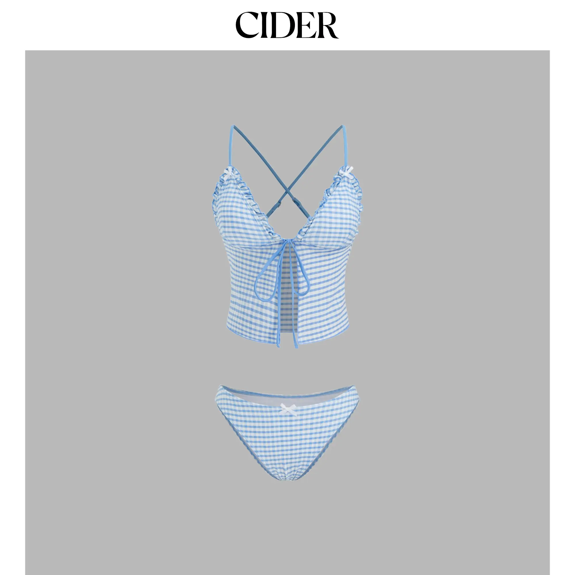 Cider V-neck Gingham Bowknot Lettuce Trim Tankini Bikini Set