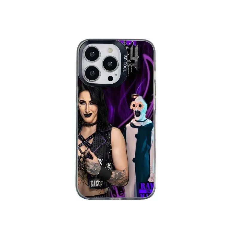 "Dark & Edgy" Rhea Ripley-themed iridescent silver phone case with a matte finish; compatible with iPhone 12, 13, 14, 15, 16, and 17—a perfect gift choice for the holidays.