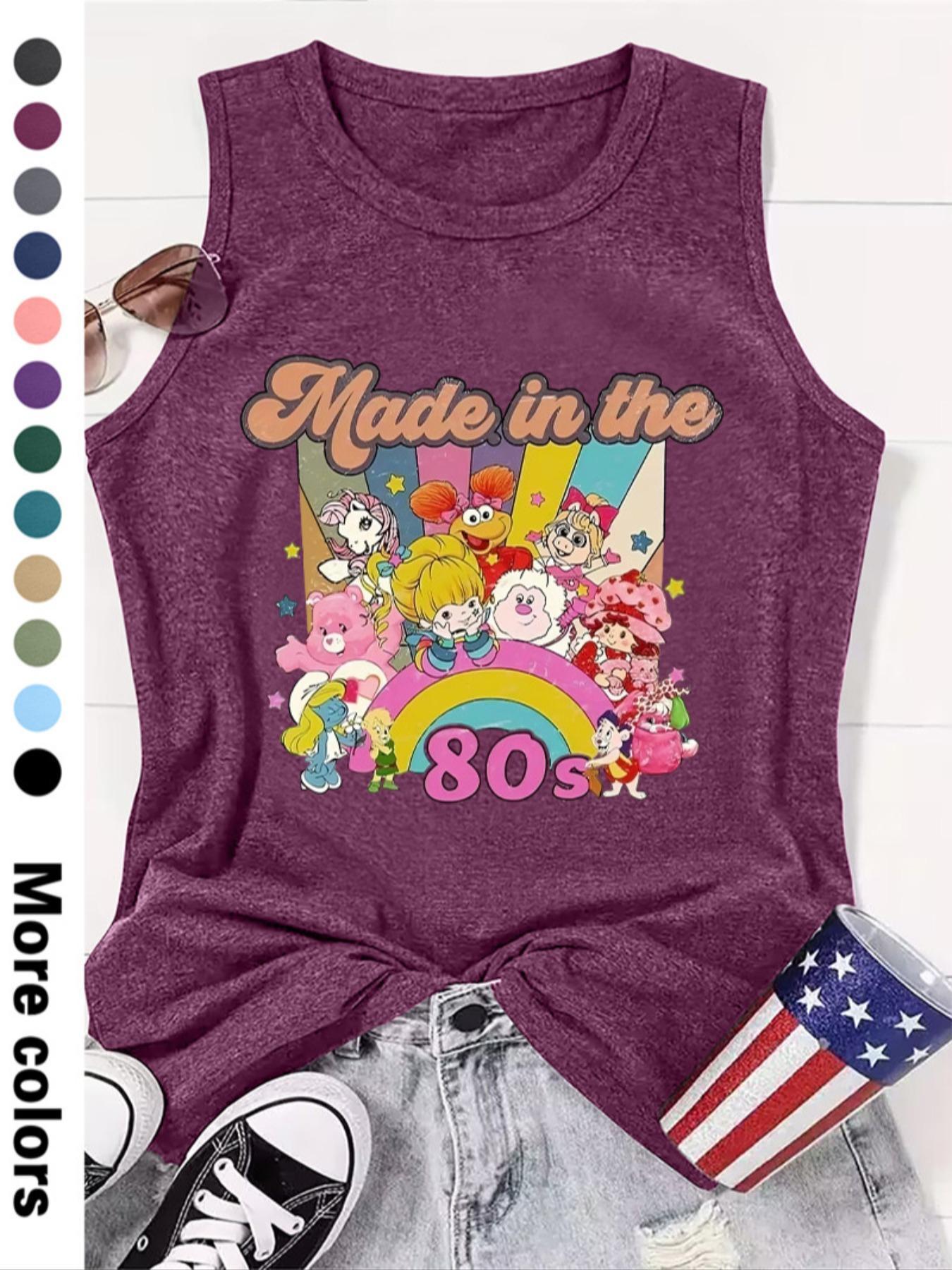 Fashionable Women's Cartoon Letter Print Round Neck Sleeveless Vest, Comfortable Knit Fabric, Summer Fitted Style, Available in 12 Colors