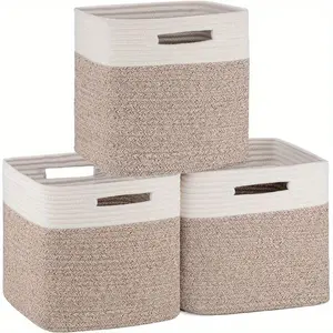 Cube Storage Basket, 3-Pack Woven Cotton Rope Baskets, 11-Inch Cube Basket with Handles, Great for Shelves, Closets, Children's Toy Organization- White& Brown