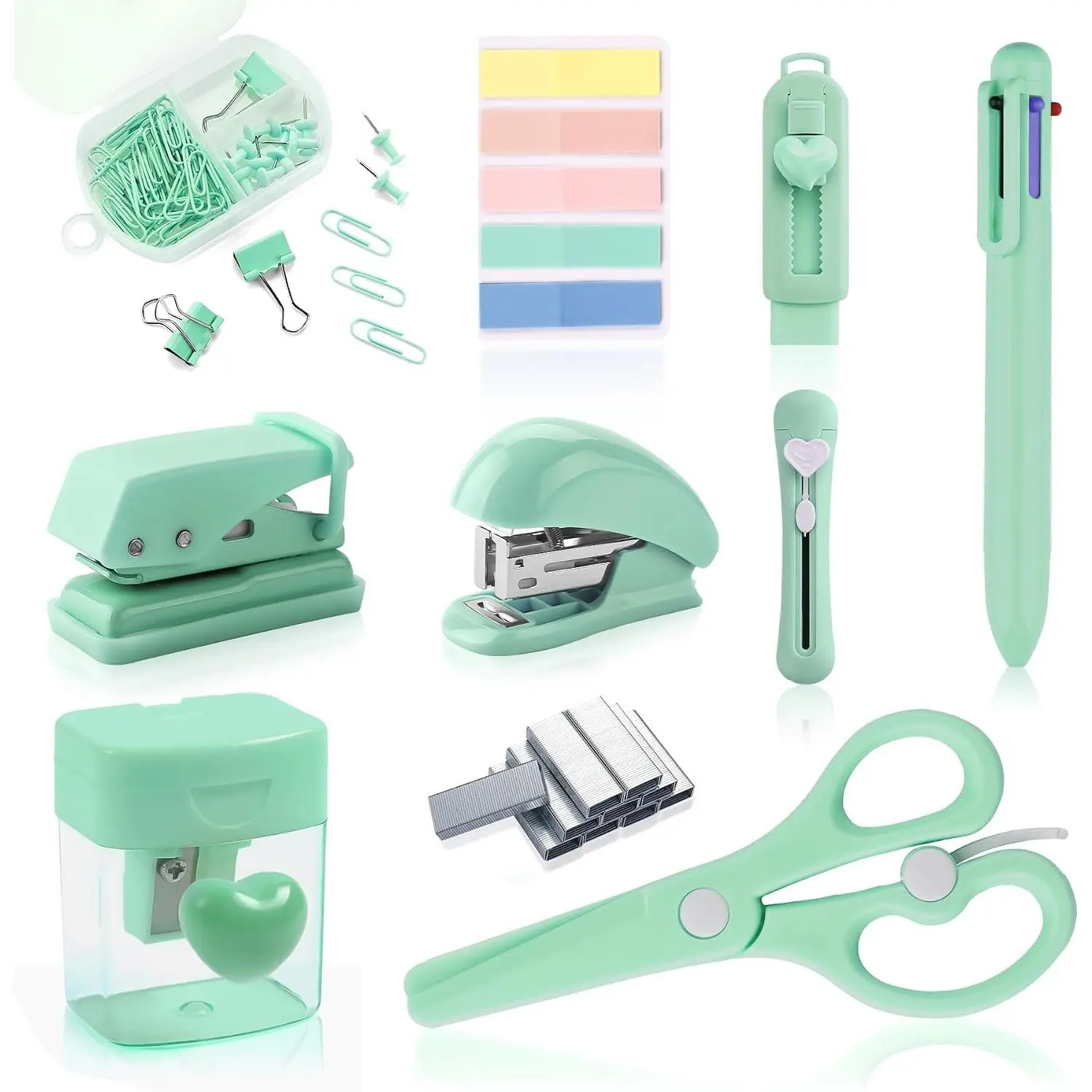 Green Mini Office  Kit Mini School Supplies Desk Accessory Set Includes Mini Stapler Pencil Sharpener Staple Remover Hole Punch Ballpoint Pen Scissor Box  Paper Clips Sticky Index Tabs