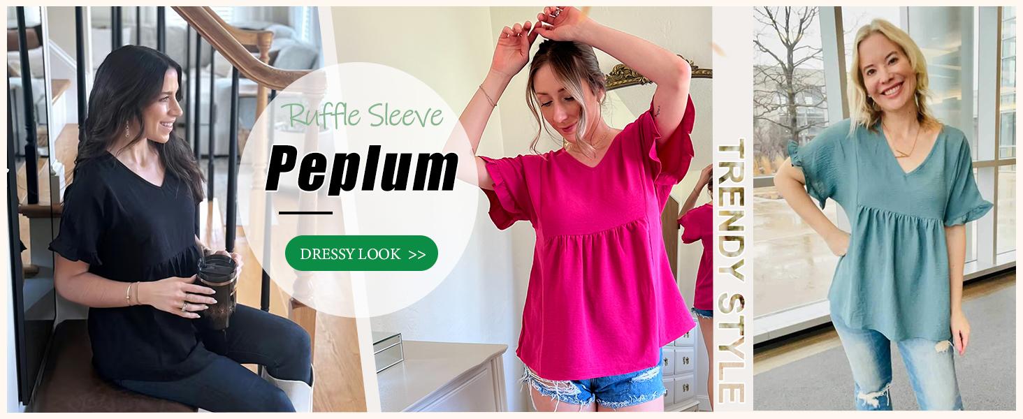 WIHOLL Womens Tops Casual V Neck Ruffle Sleeve T Shirts Babydoll Loose Fit Peplum Tops SpringStatements