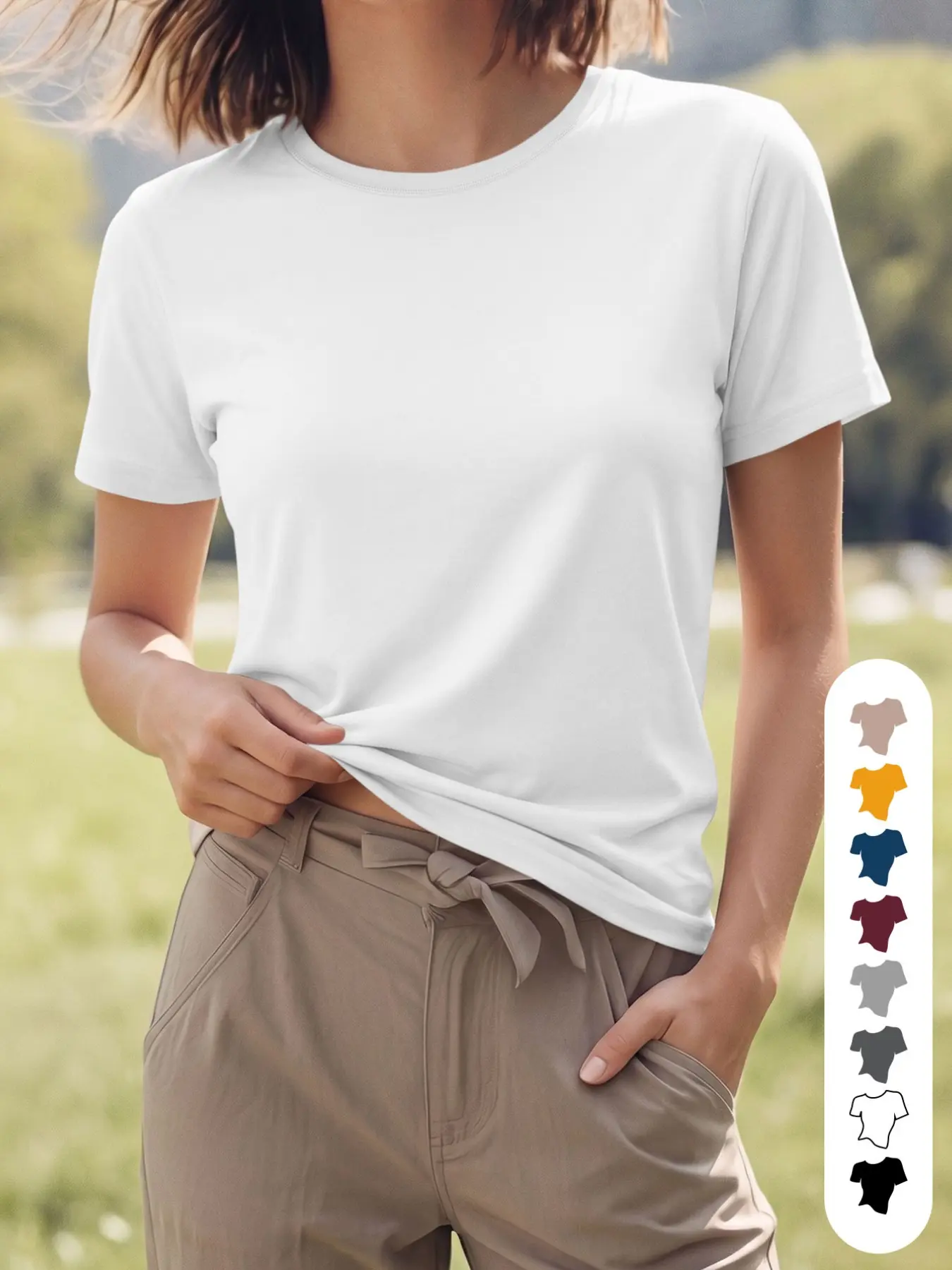 1 women's solid color casual Everyday breathable Lightweight Aesthetic Minimalist Elegant T-shirt, round neck short sleeve summer beach shirt, basic T-shirt top, suitable for commuting, vacation, and parties