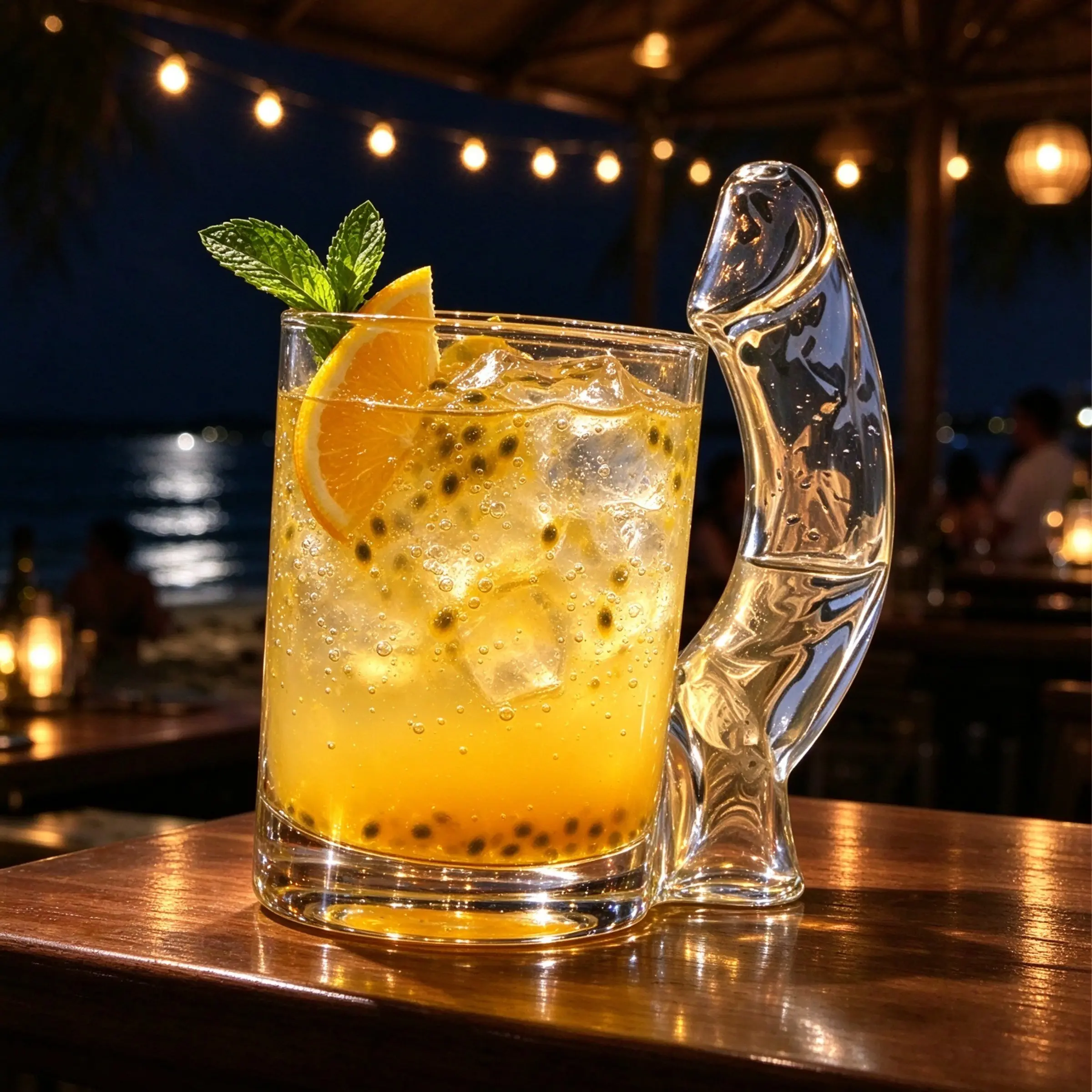 Novelty Clear Glass Cocktail Tumbler with Unique Curved Sculpted Handle, Hand Blown Transparent Drinking Cup for Beach Party, Tropical Barware, Fun Gift for Cocktail Lovers, Summer Party Enthusiasts & Home Bar Fans