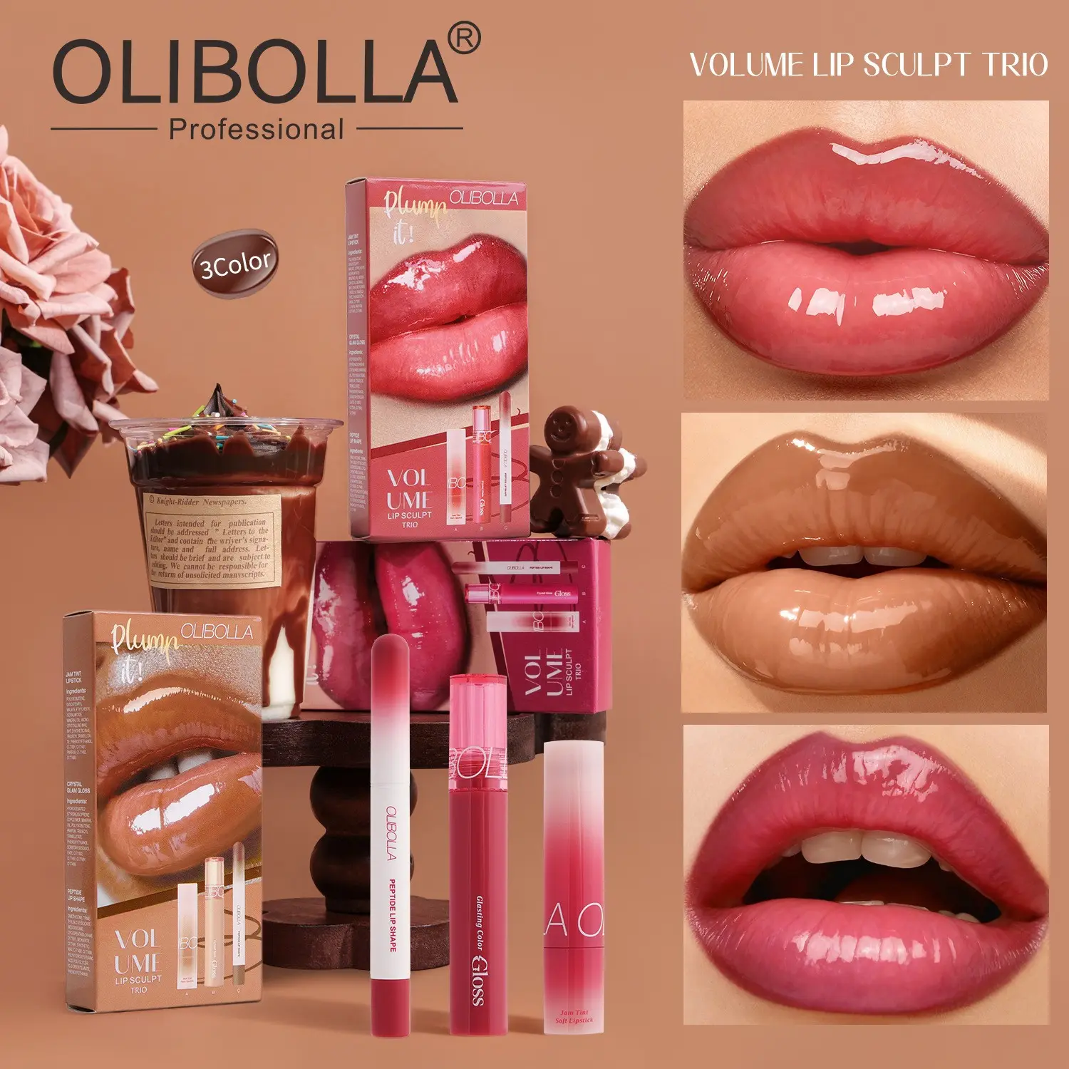 Three-In-One Lip Makeup Set, Peptide Lip Liner, Jelly Mist Lipstick, Crystal Gloss, Long-Lasting, Waterproof, Gift Box