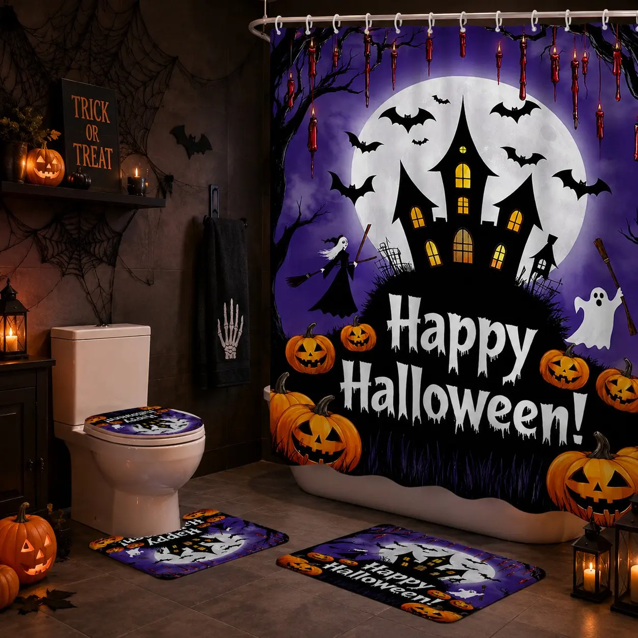 4 Piece Purple Halloween Haunted House Shower Curtain Set with Bath Mat, Toilet Lid Cover, U-Shaped Rug and 12 Hooks, Full Moon Ghost Witch Pumpkin Bathroom Decor, 71 x 71 in
