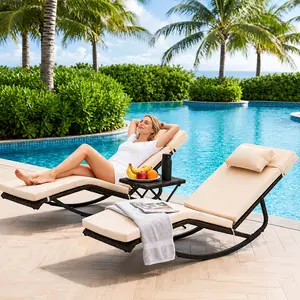3pcs/PAck  Adjustable Back Armless  Patio Rocking Pool Reclining Chaise  - Water-Resistant Outdoor Recliners, Includes Side Table, Removable Pillow, Easy Move & Fold, 400lb Capacity