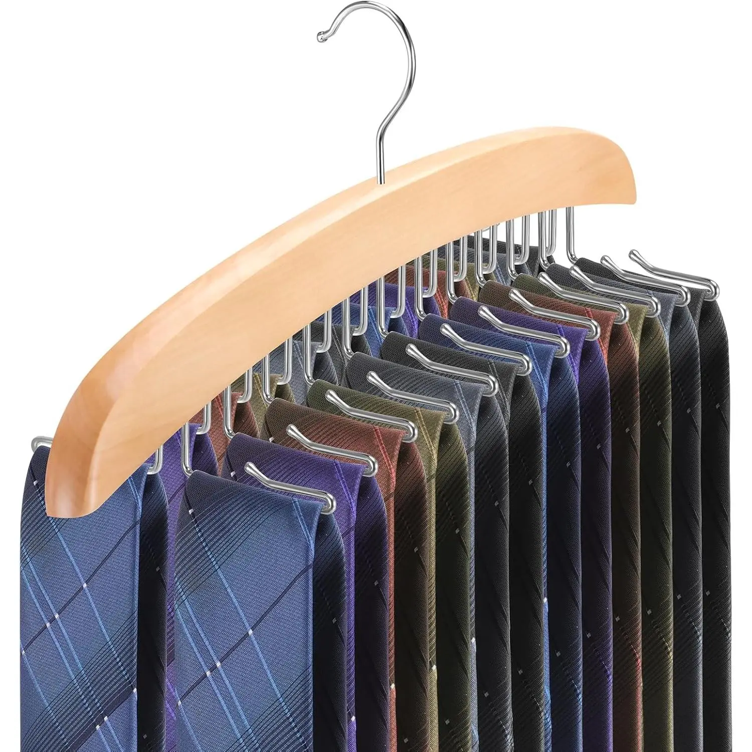 Tie Rack Hanger for Closet,360 Degree Rotating Tie Holder Organizer with 24 Folding Hooks,Wooden Men's Neck Tie Organizer Storage for Belts Tank Tops Scarves