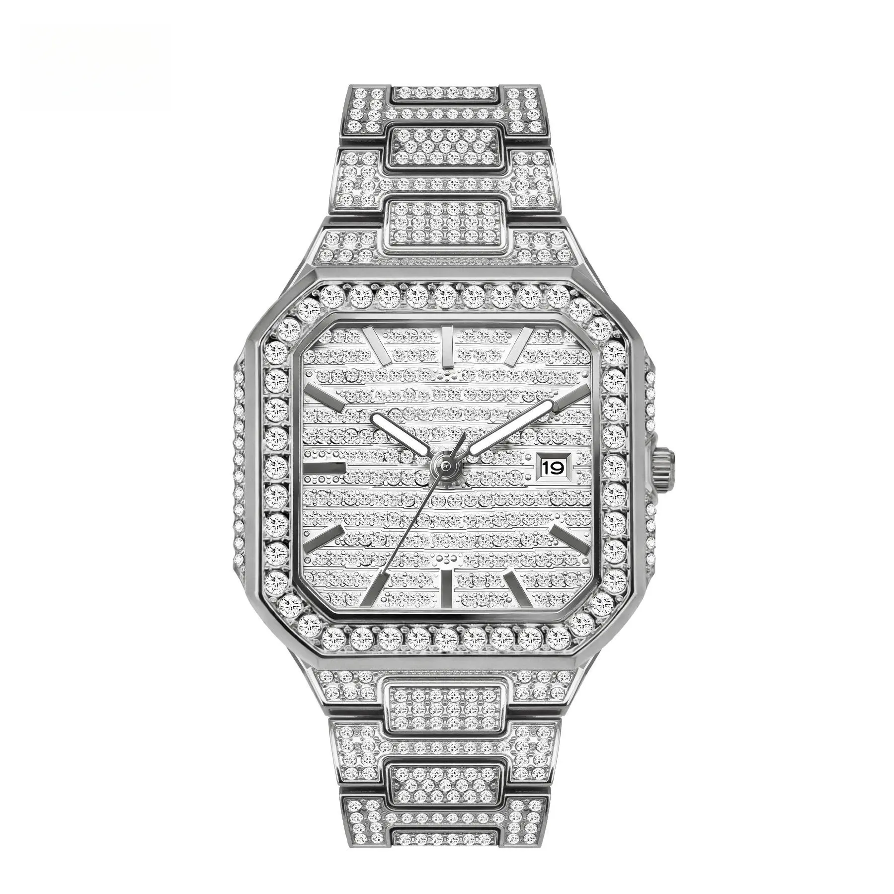 Unisex Luxury Full Diamond Square Quartz Watch, Hip Hop Iced Out Wristwatch with Luminous Hands, Date Display, Life Waterproof Stainless Steel Band & Business Light Luxury Design Wearable Adjustable Durable Man Round Smartphone