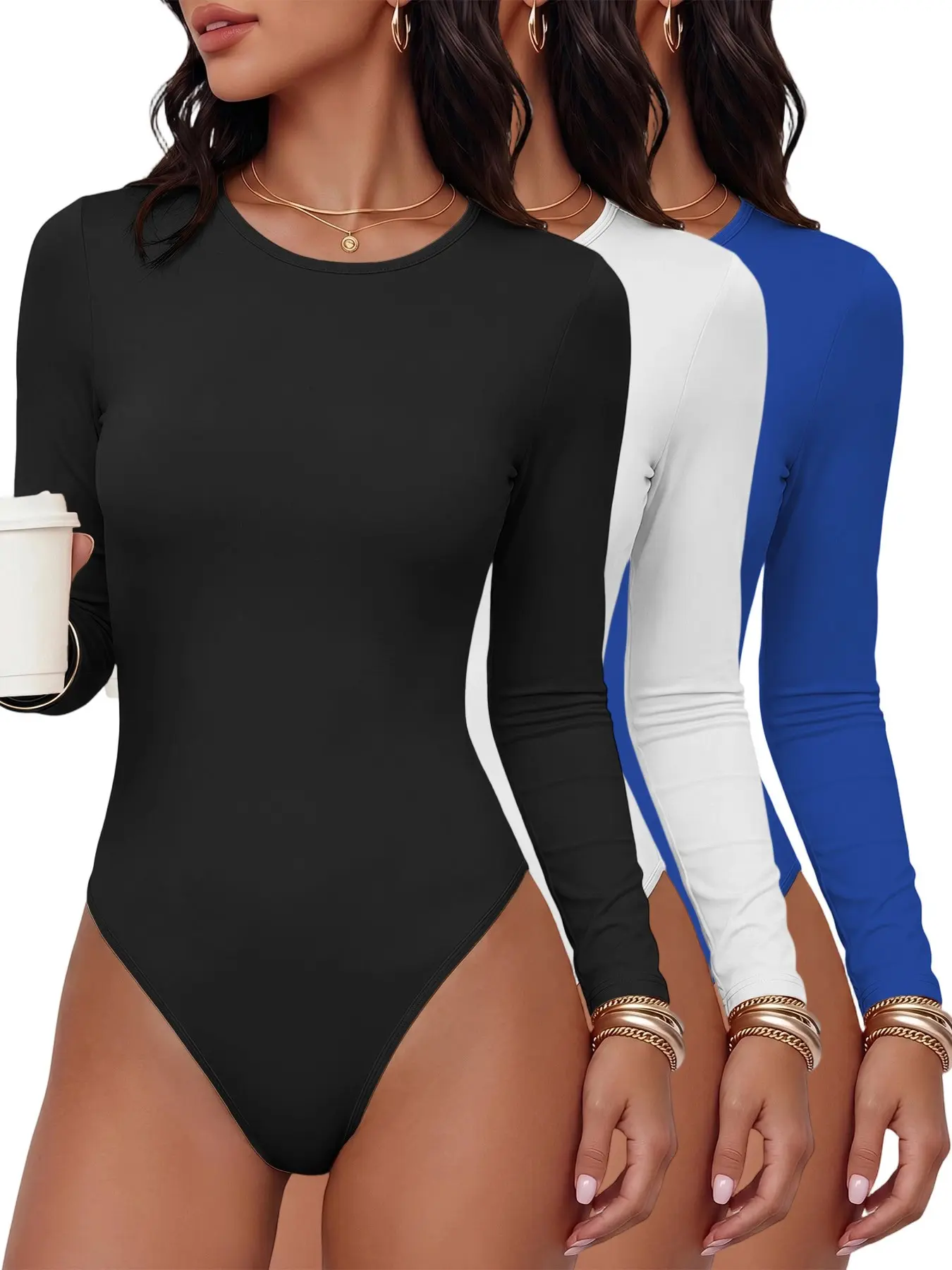 Women Crew Neck Long Sleeve Bodysuit, Stretchy Fitted Basic Body Suit, Casual Layering Top, All Seasons, Plain Surface, Regular Length